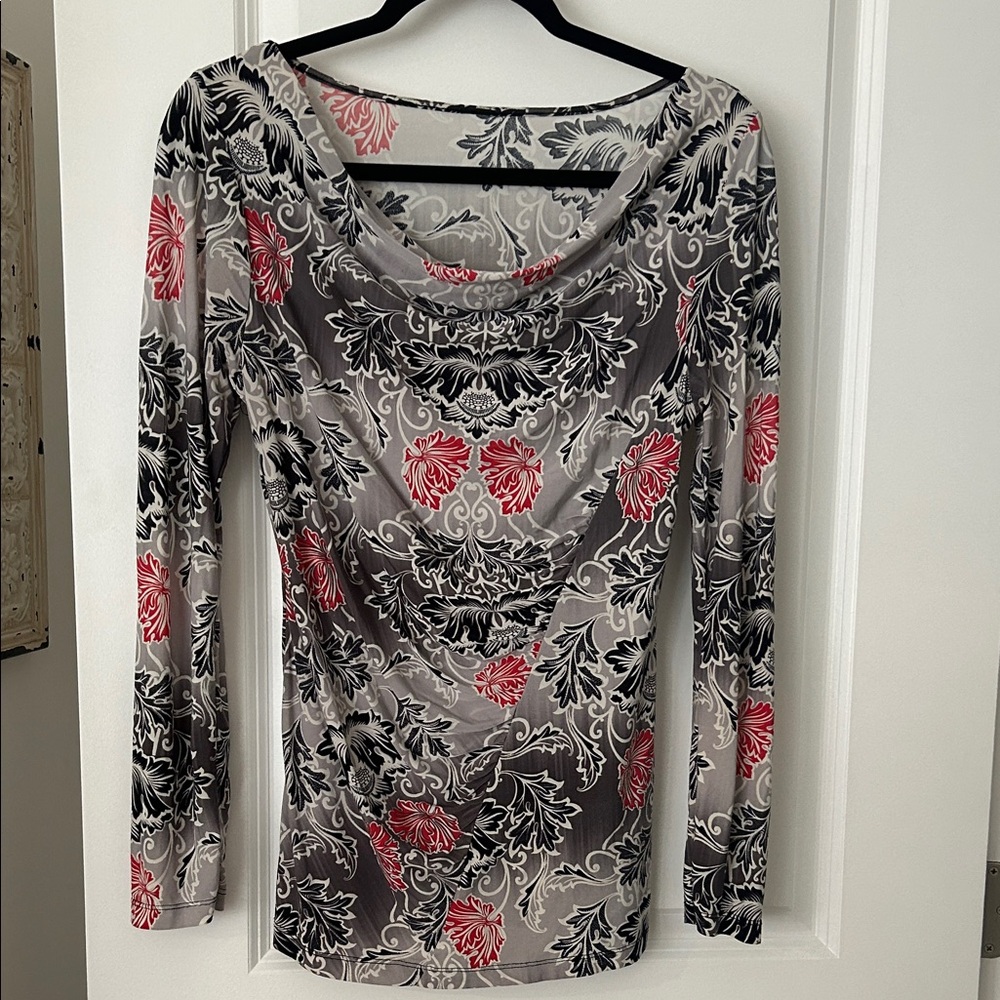 Rafaella Women's Long Sleeve Floral Cowl Neck Top - Gray & Red